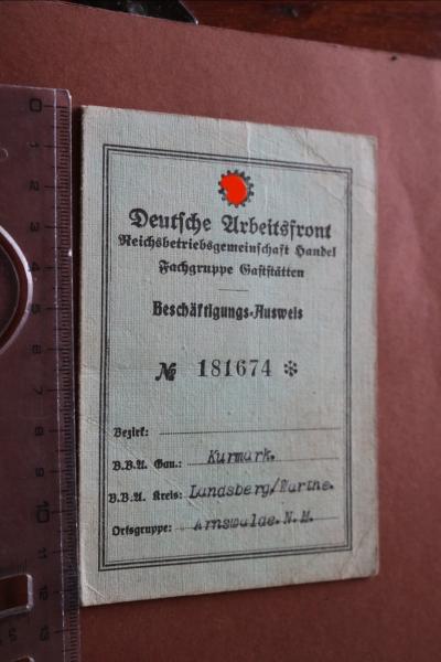 alter Beschäftigungs-Ausweis - Deutsche Arbeitsfront Fachgruppe Gaststätten - Landsberg 1934